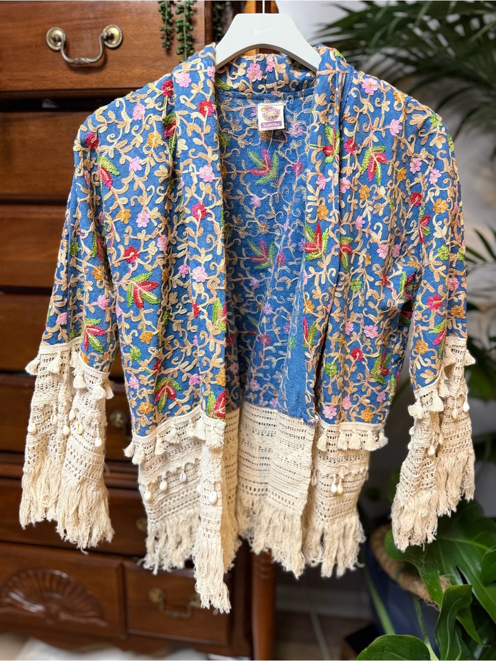 Blue Boho Embroidered Fringe Open-Front Jacket